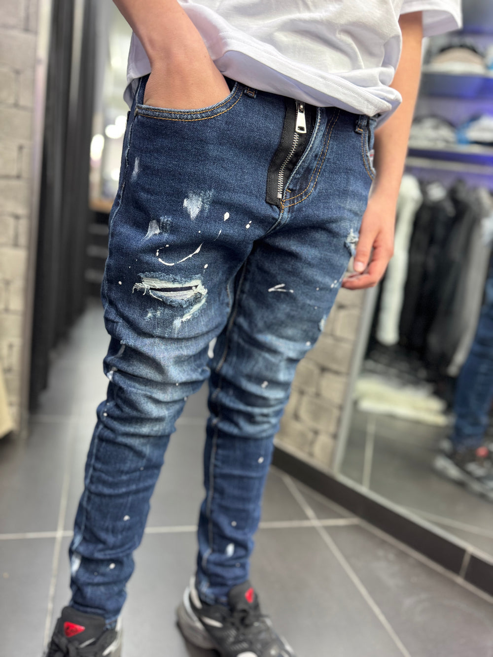 Ragazzo jeans biker zip blu