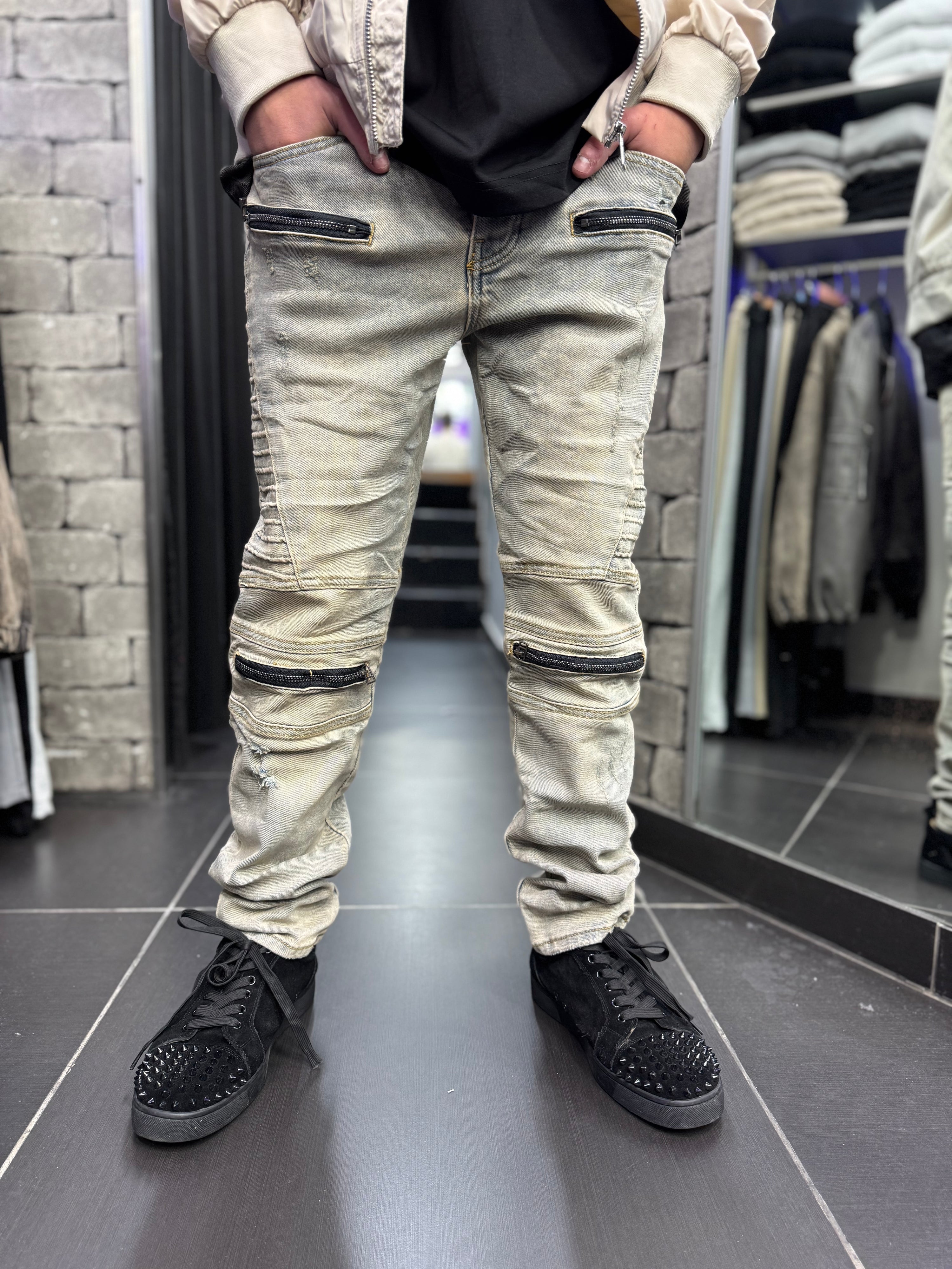 Jeans biker, sabbiato zip